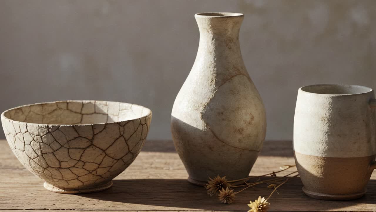 Aesthetic Display of Artisan Pottery Featuring Textured Bowls, Elegant Vases, and Rustic Mugs Surrounded by Dried Flowers on a Wooden Table