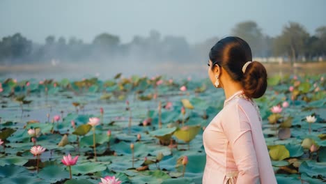 elegant young woman in traditional clothing stands gracefully by a serene lake adorned with blooming lotus flowers, creating a picturesque scene that embodies tranquility and cultural beauty