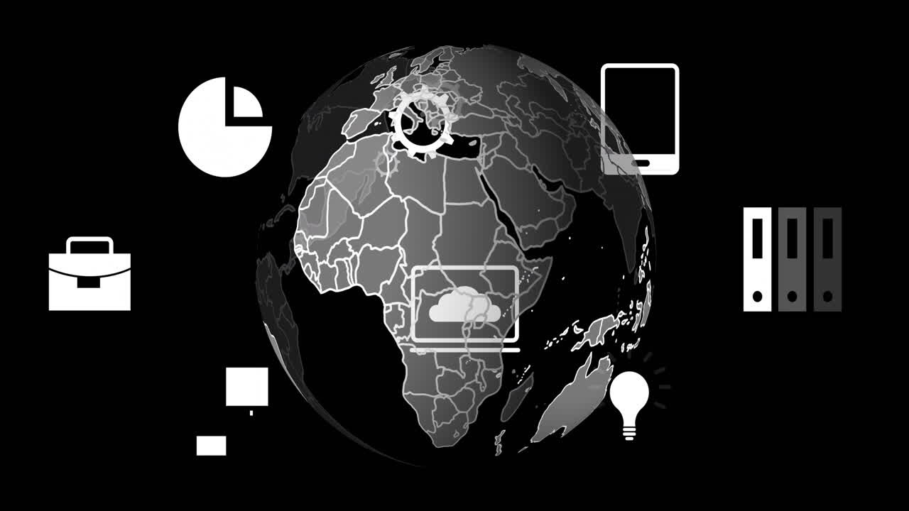 Animation of digital data processing and globe over black background