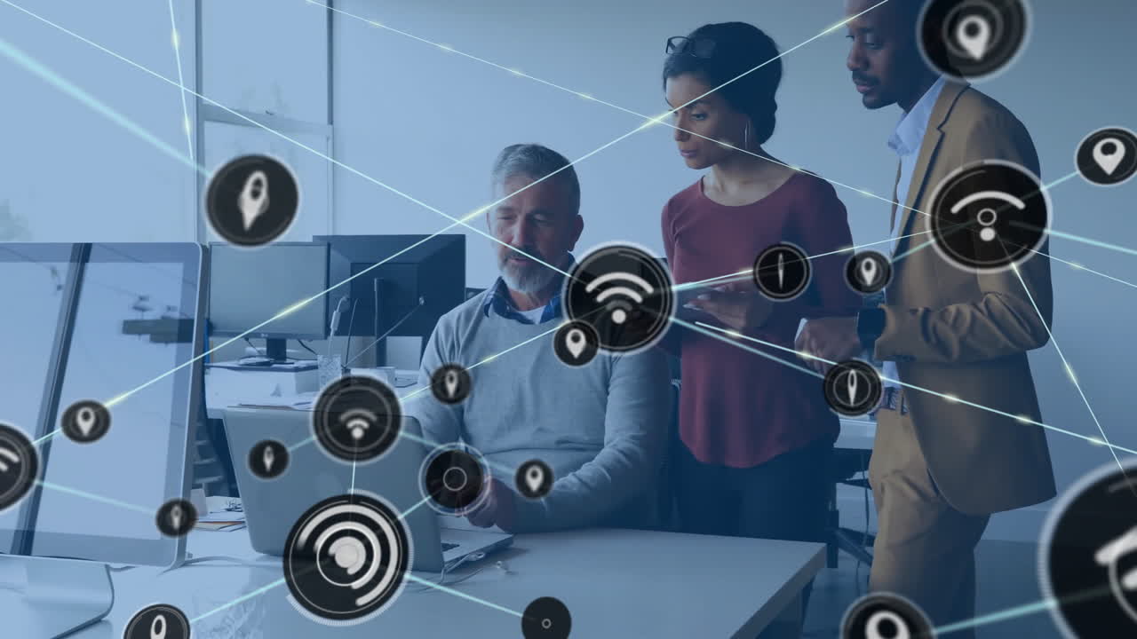 Animation of network of connections with wifi icons over diverse business people in office