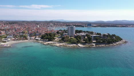 aerial view on town of vodice with amazing turquoise coastline on adriatic coast of croatia - drone shot