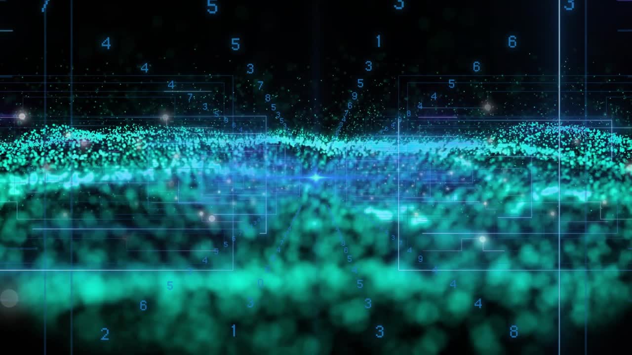 Blue node pulsing, teal particle field rising into waves, digits rising, showing data converging
