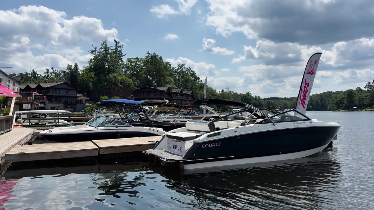Statische Ansicht von Motorbooten, die in einem Yachthafen im sonnigen Port Carling, Muskoka, festgemacht sind