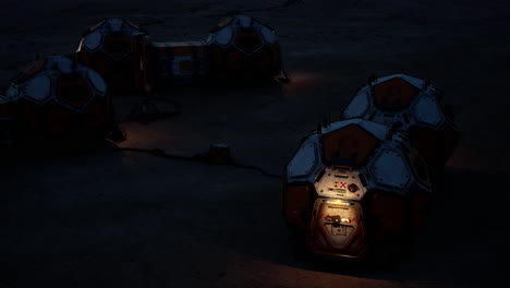 exploring a mars colony base at night with illuminated modules and equipment