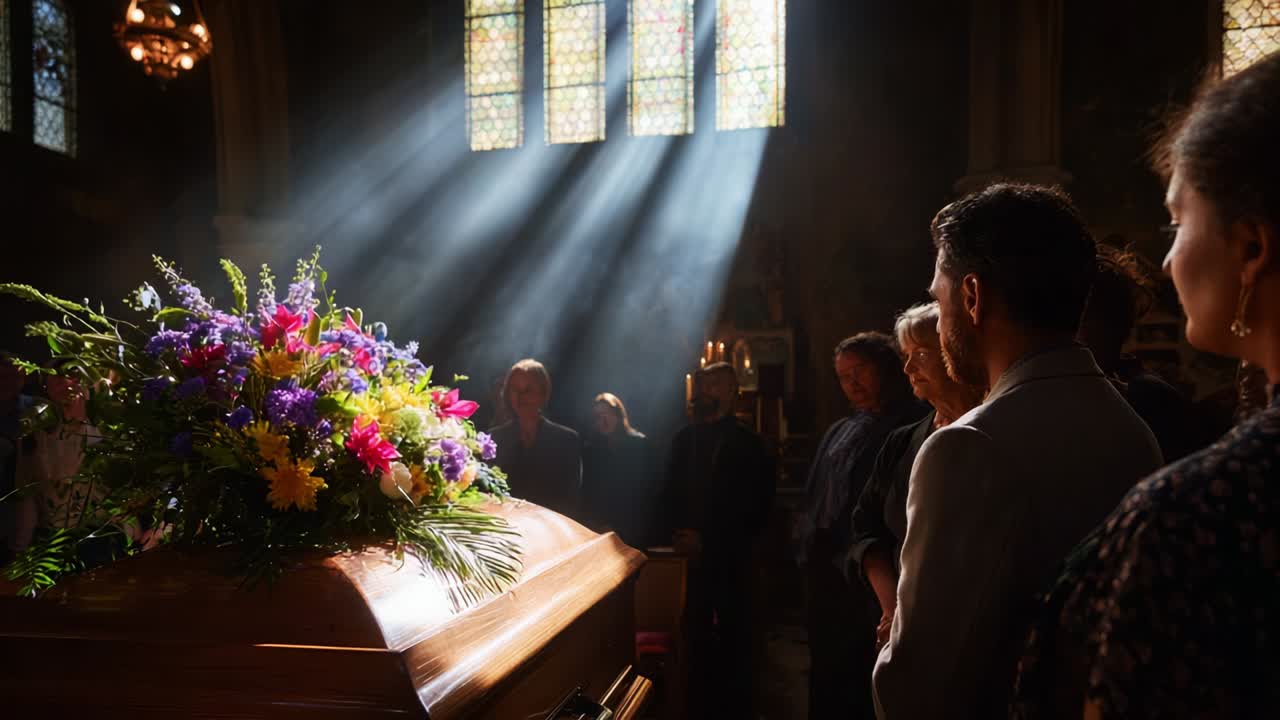 A Solemn Farewell: Friends and Family Gather to Pay Their Respects at a Beautifully Adorned Casket Surrounded by Sunlight Streaming Through Stained Glass in a Sacred Space