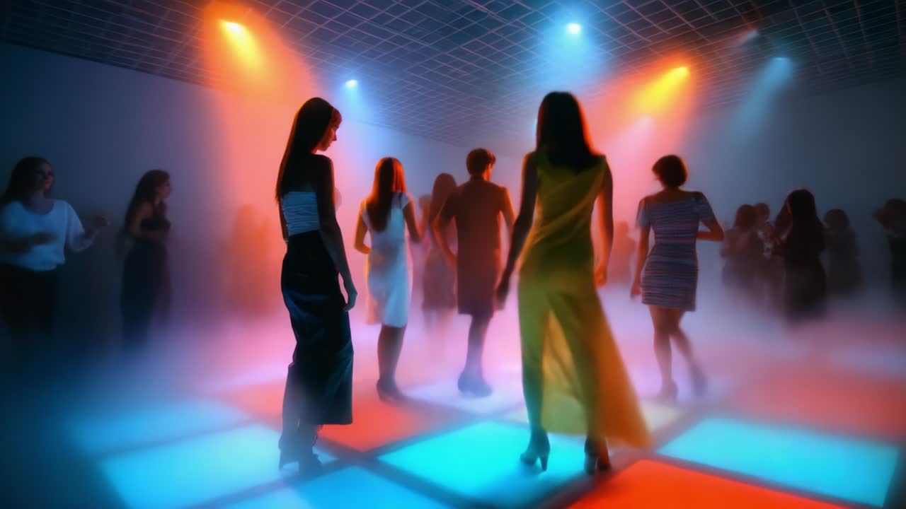 Tampilan Gerakan dan Warna yang Enerjik: Adegan Menawan Individu Menari di Lantai Dansa yang Terang dan Semarak Dikelilingi oleh Suasana Penuh Warna dan Efek Kabut Lembut