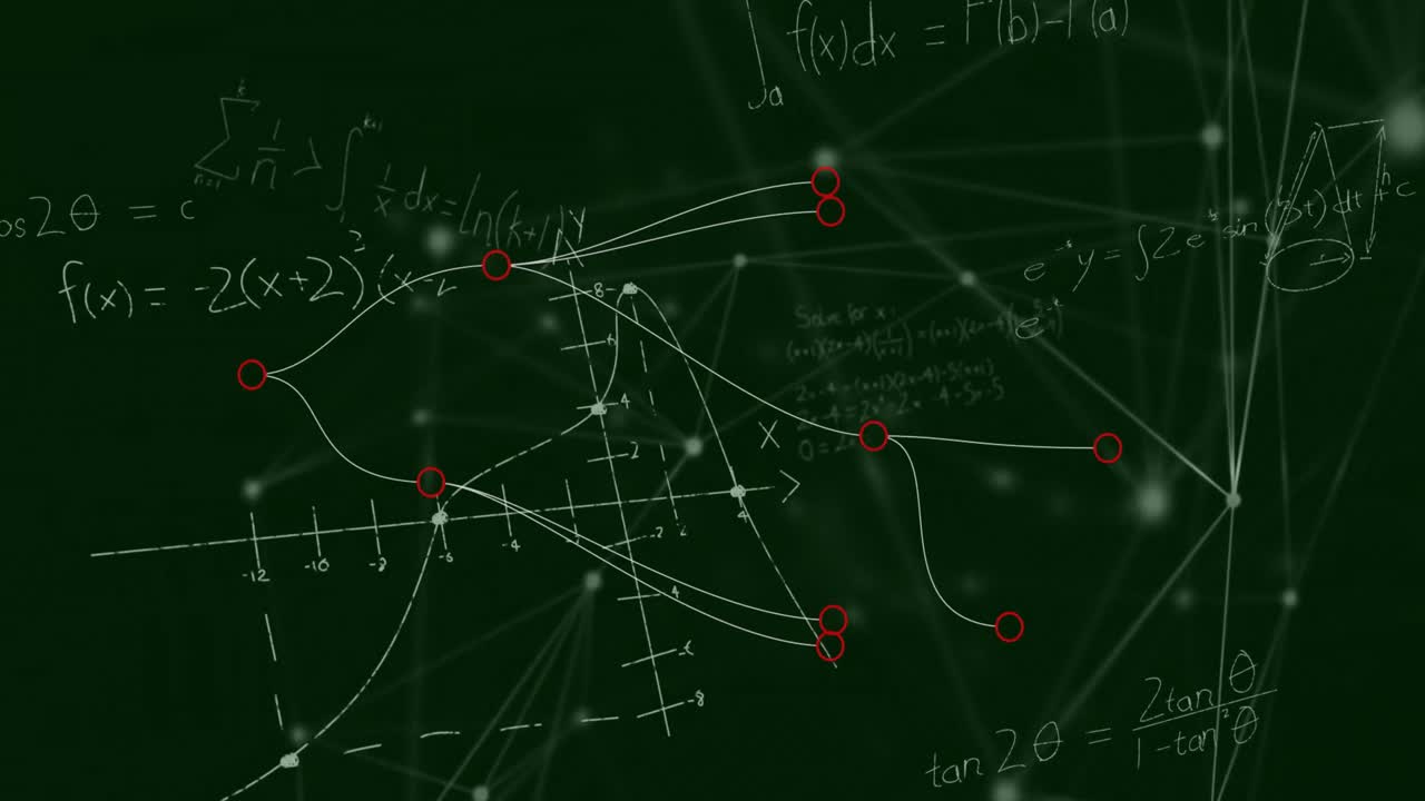 Animation of mathematical equations and network of connections floating against green background