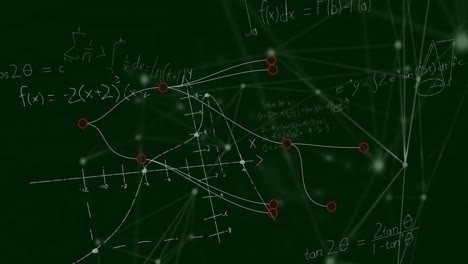 Animation of mathematical equations and network of connections floating against green background