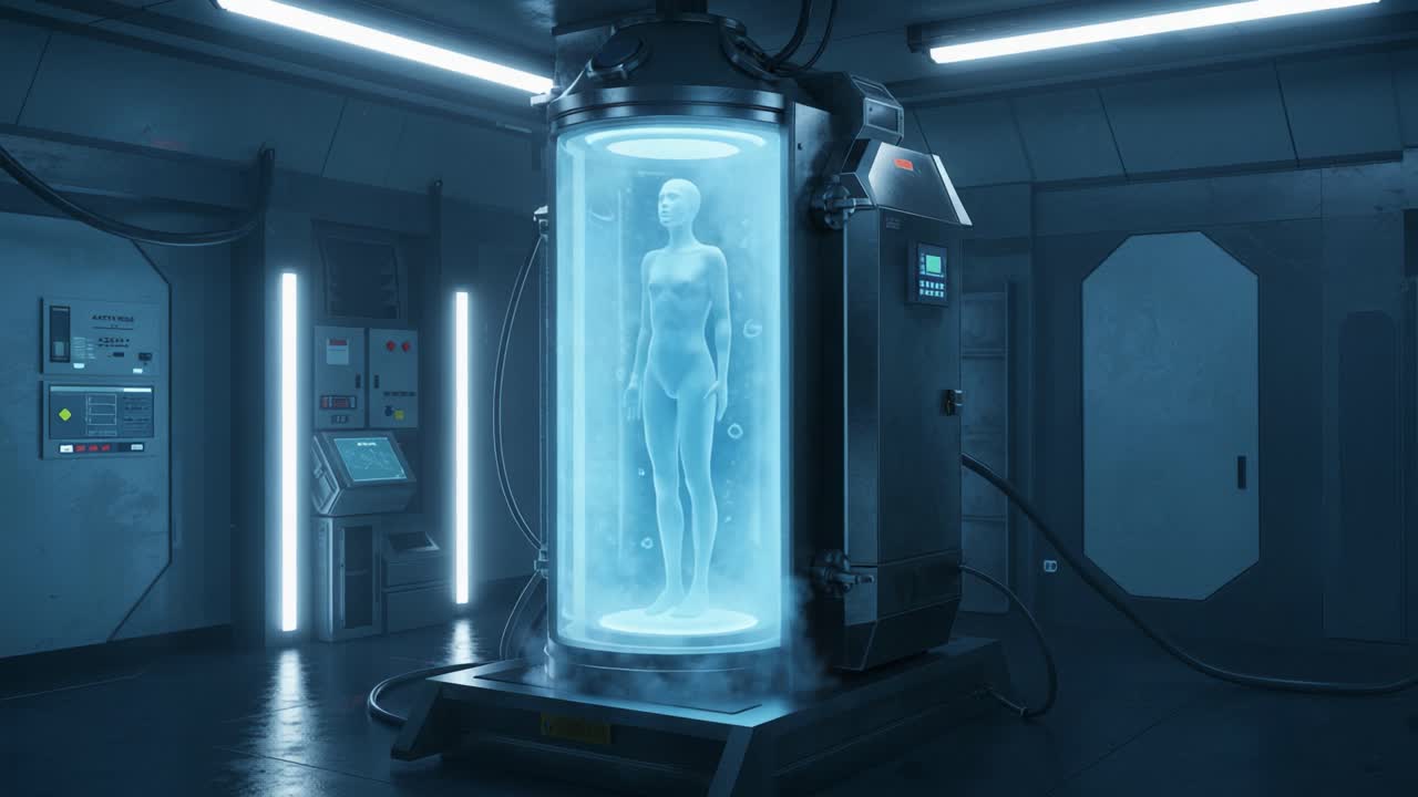 A Futuristic Chamber Reveals a Suspended Figure in a High-Tech Environment, Merging Science Fiction with Advanced Technology in a Narrative of Transformation and Discovery