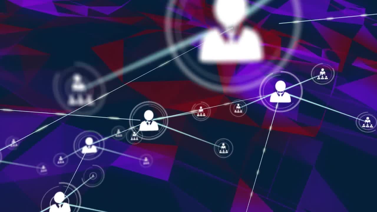 animación de la red de conexiones con iconos digitales sobre triángulos púrpura y rojo