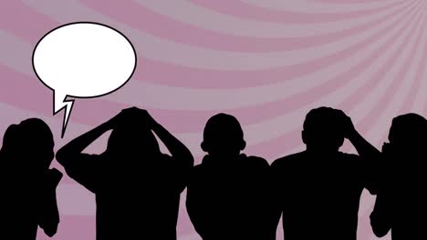 Animation-of-people-silhouettes-with-speech-bubbles-over-stripes-on-pink-background