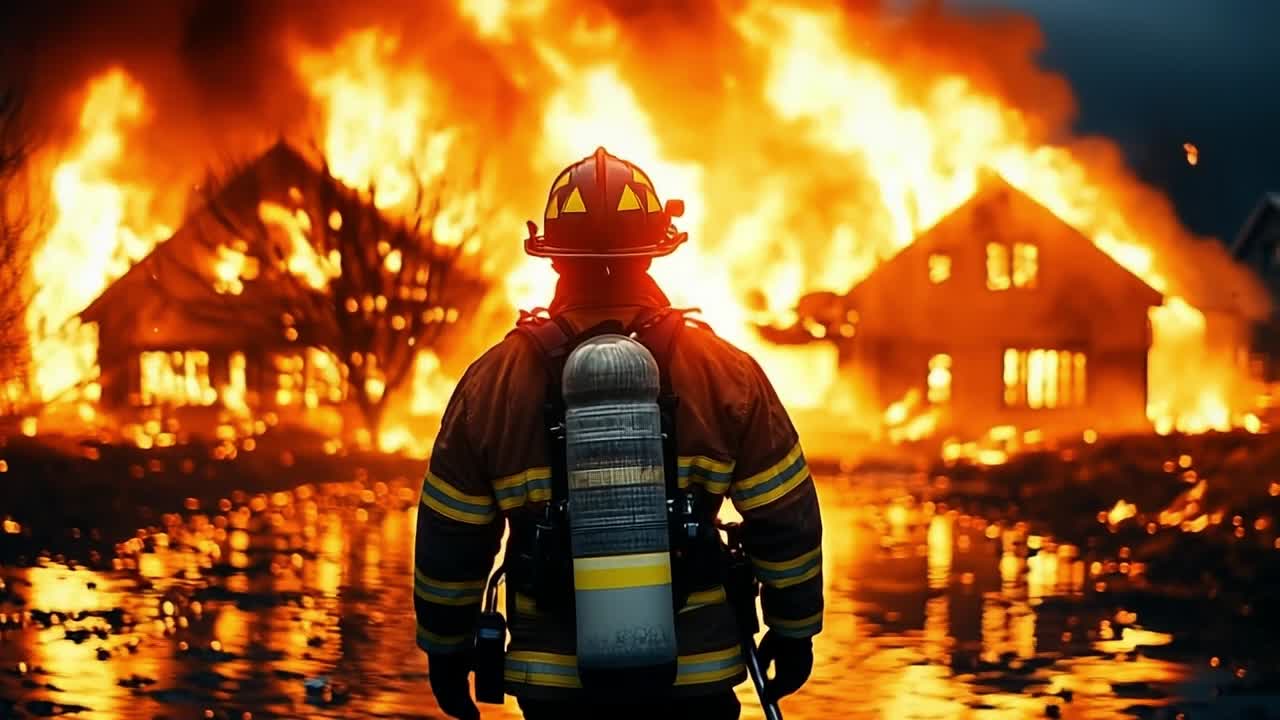 Firefighter battling a destructive blaze. A firefighter stands firm in front of a raging fire engulfing homes while surrounded by flames and smoke.