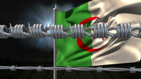 barbed wires against algeria flag and lights shining