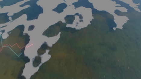 red and teal line graphs overlaying aerial landscape with waterways winding through green foliage