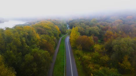 Die-Drohne-Schoss-Am-Nebligen-Morgen-über-Eine-Asphaltstraße,-Die-Durch-Einen-Dichten,-Lebendigen-Und-Farbenfrohen-Wald-Entlang-Des-Flusses-Führte