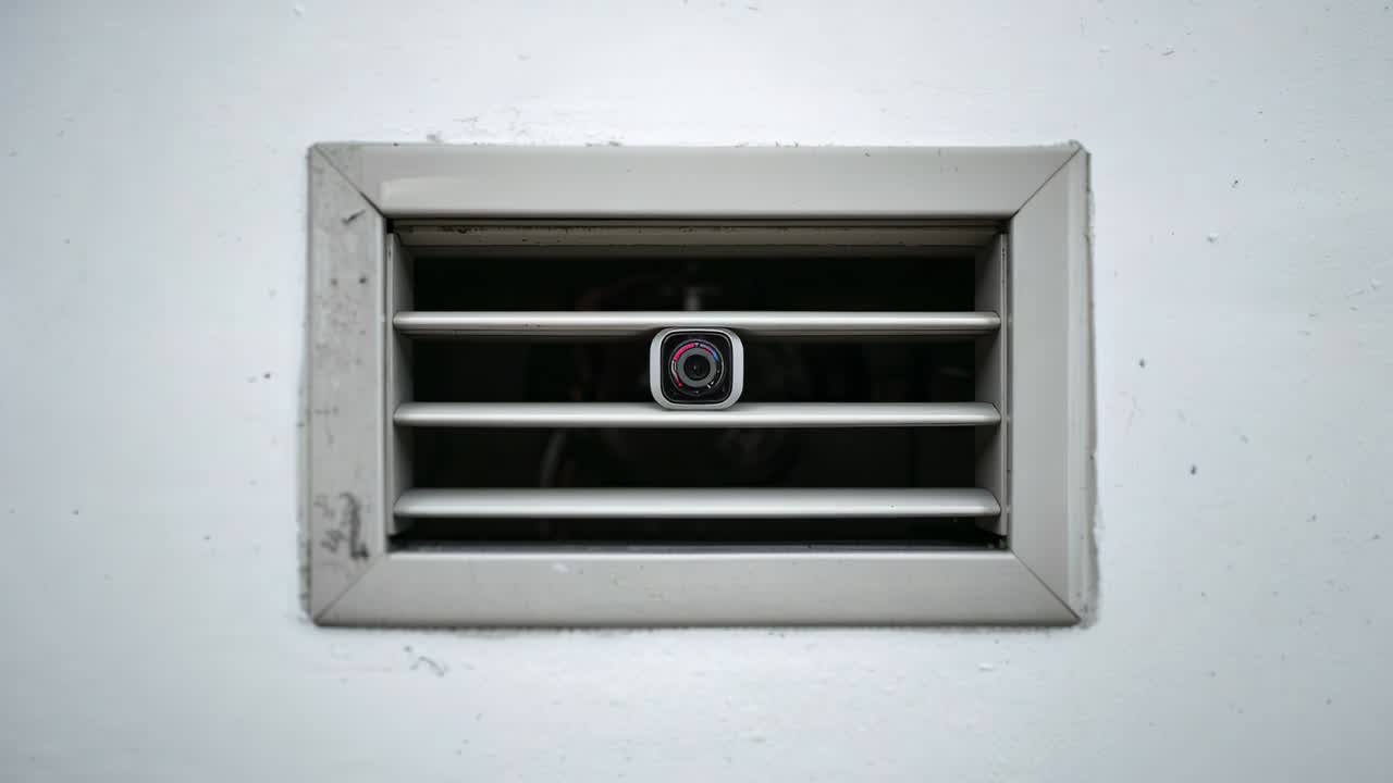 Zooming camera moving vent grille with square module forward on white wall, revealing lens detail