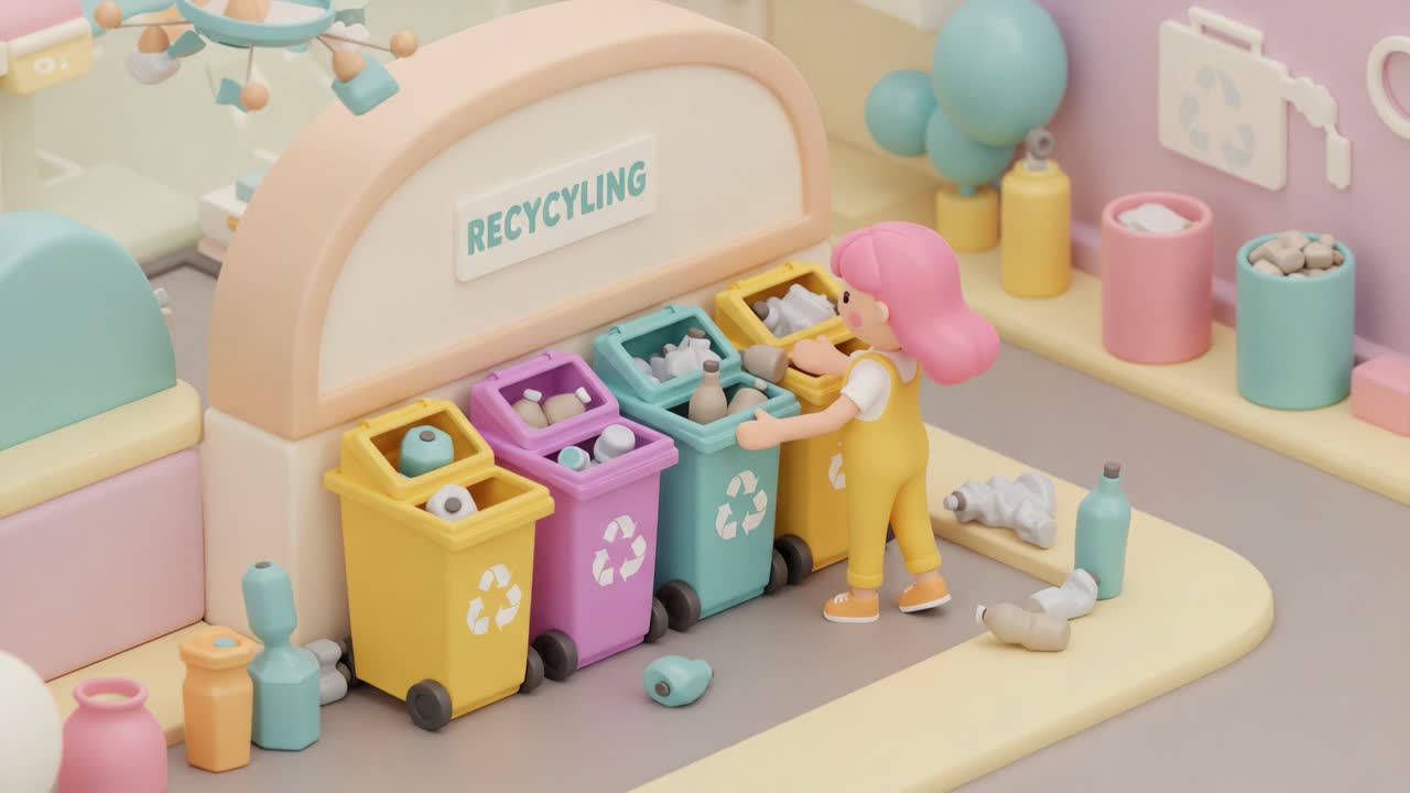 A Vibrant Animated Scene Showcasing Recycling Efforts with Colorful Bins and a Character Engaging in Sustainable Practices to Promote Environmental Awareness