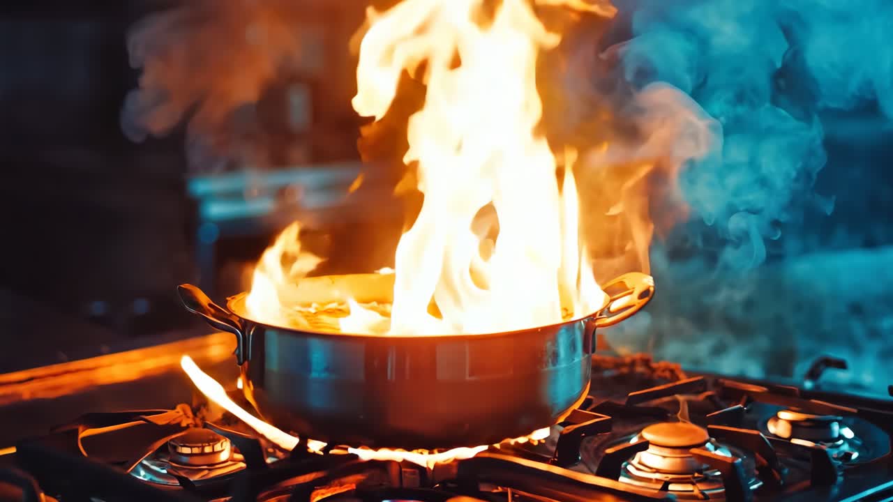 불꽃이 어나오는 스토브 위의 비