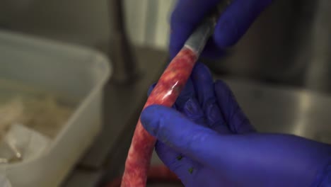 Making-fresh,-tasty-ecological-sausages-in-butcher-store,-close-up-view