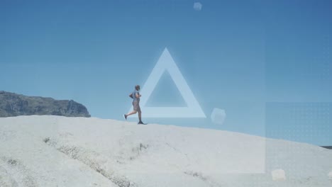 animación de círculos y triángulos brillantes sobre un hombre mayor afroamericano en forma corriendo por las dunas