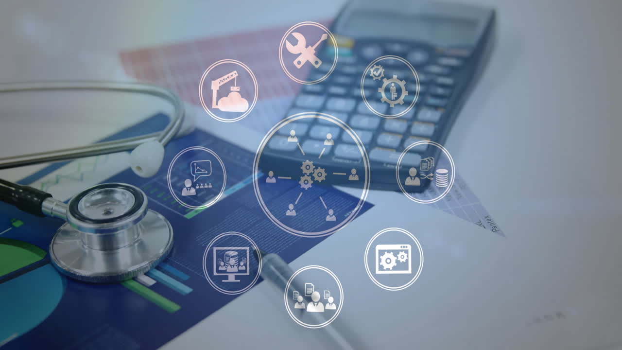 animación de iconos de negocios sobre el estetoscopio y la calculadora