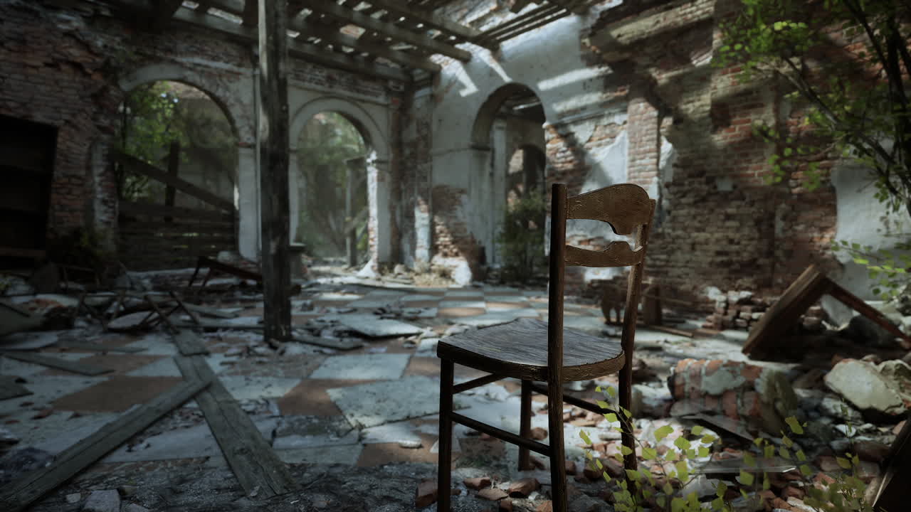 의자가 있는 버려진 건물