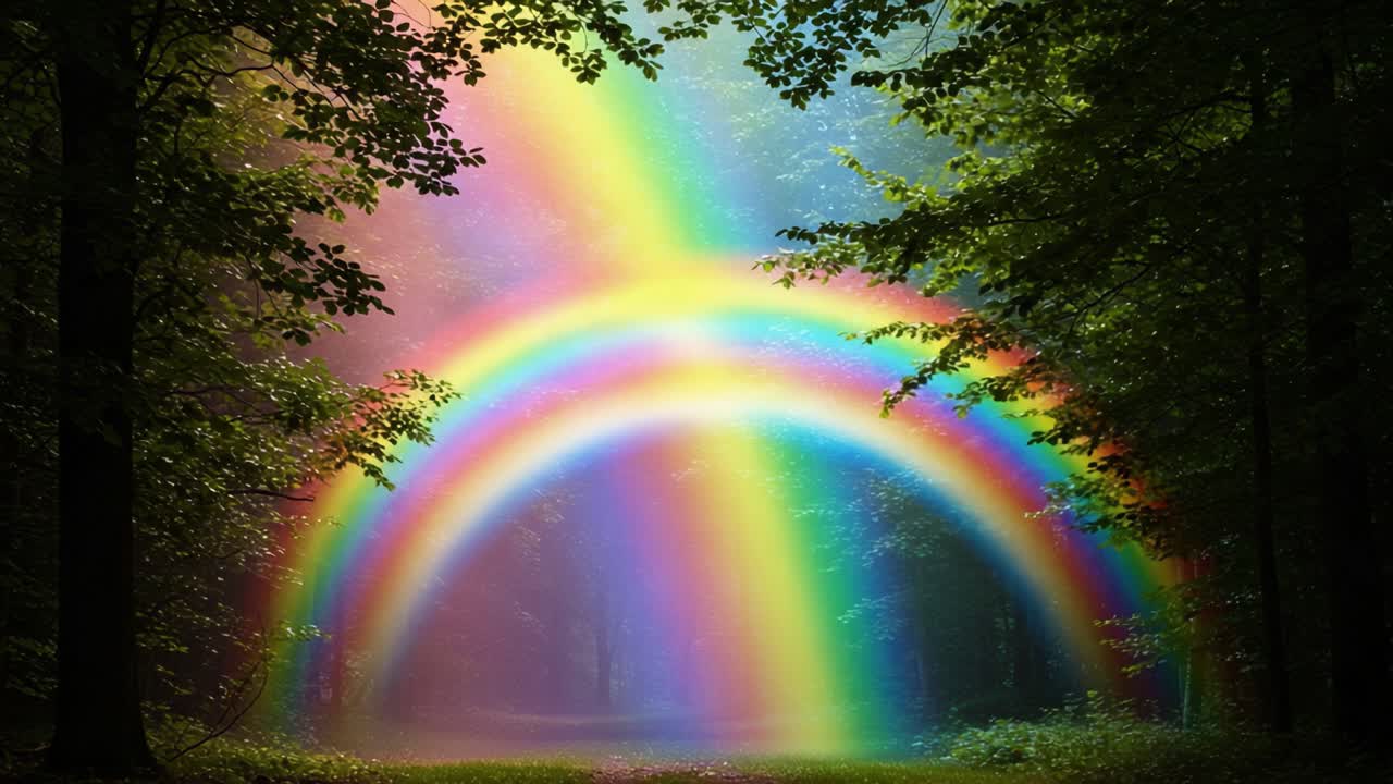 A Breathtaking Transformation of Nature: From Enigmatic Hues to Vibrant Rainbows in a Serene Forest Setting Captured Over Time