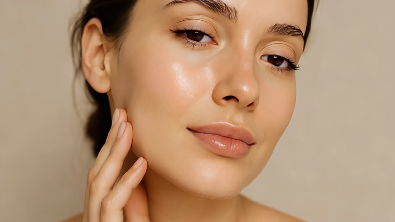Close-up shot of a woman with glowing skin, gently touching her face ...