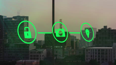 Animation-Von-Mediensymbolen-über-Dem-Stadtbild