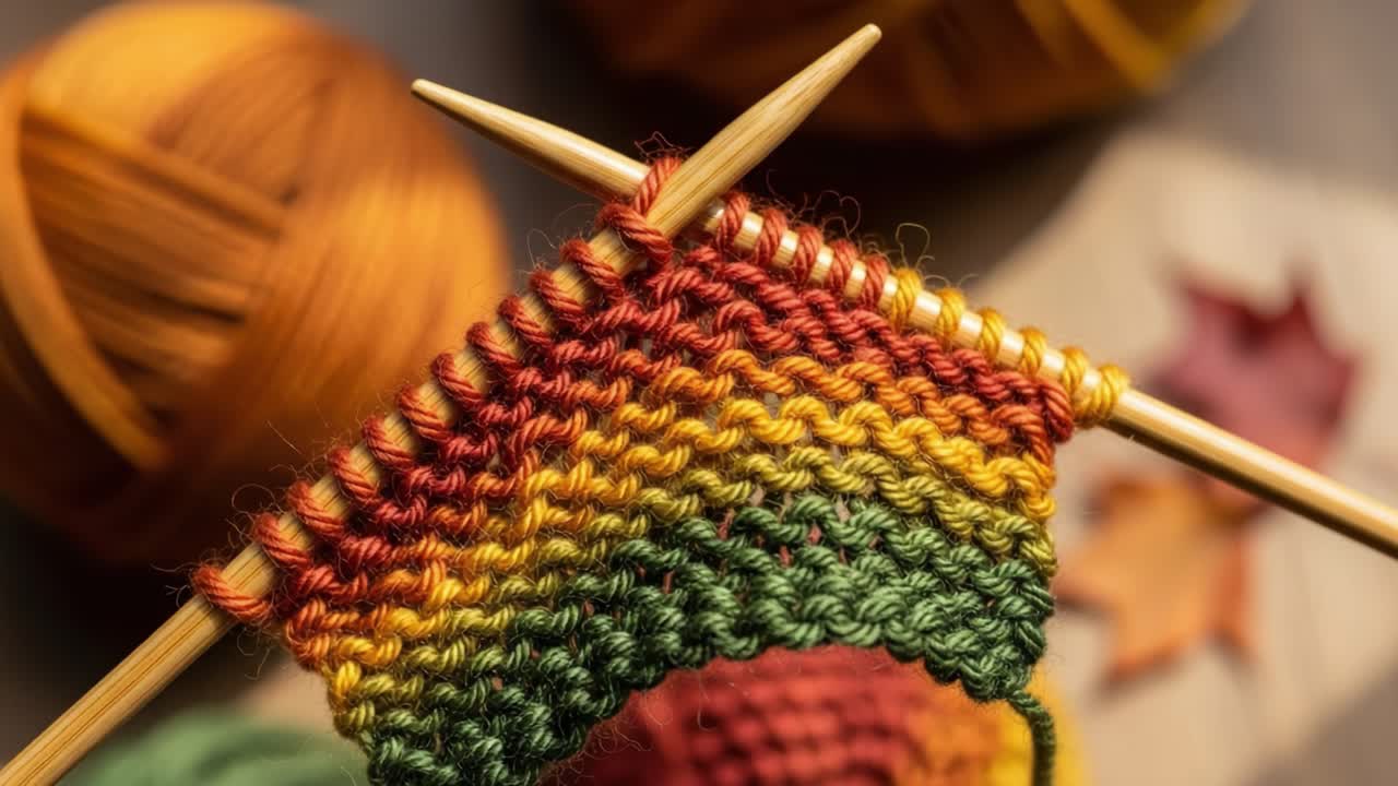 A Beautiful Close-Up of a Vibrantly Colored Knitting Project in Progress, Showcasing Rich Yarns in Warm Autumn Tones with an Artistic Touch of Nature's Elements