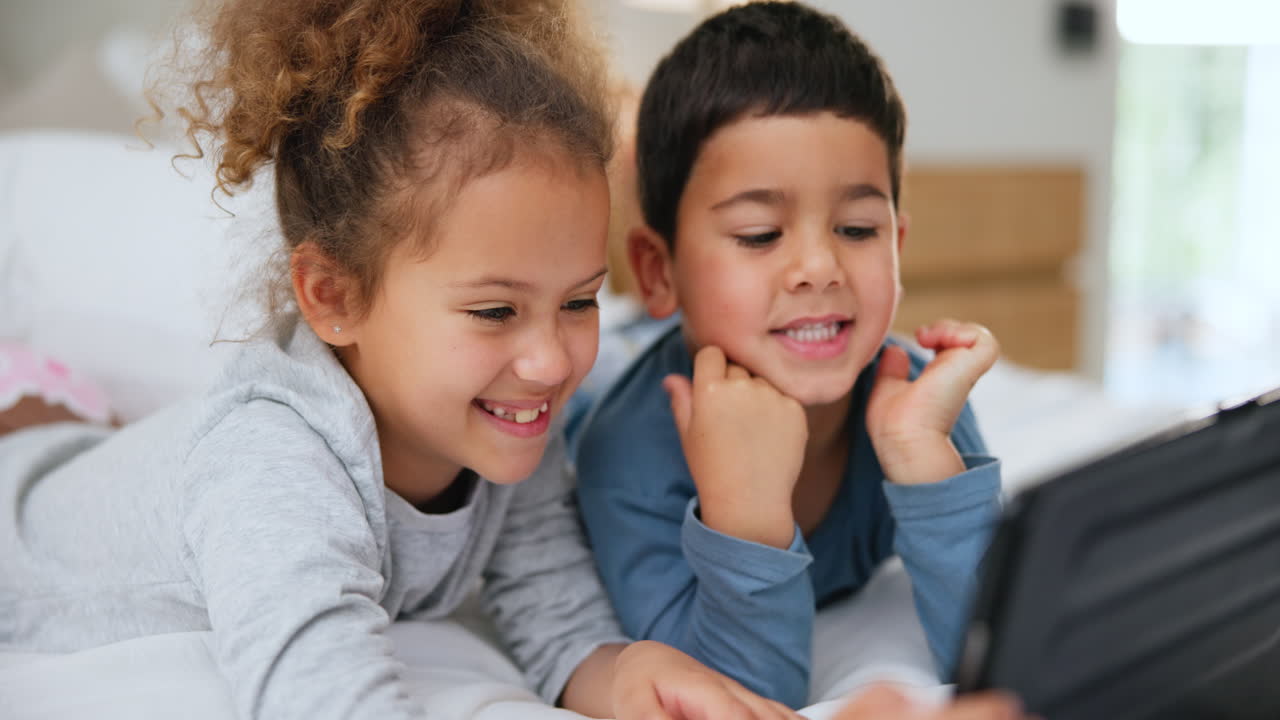 Children, watching and tablet for streaming