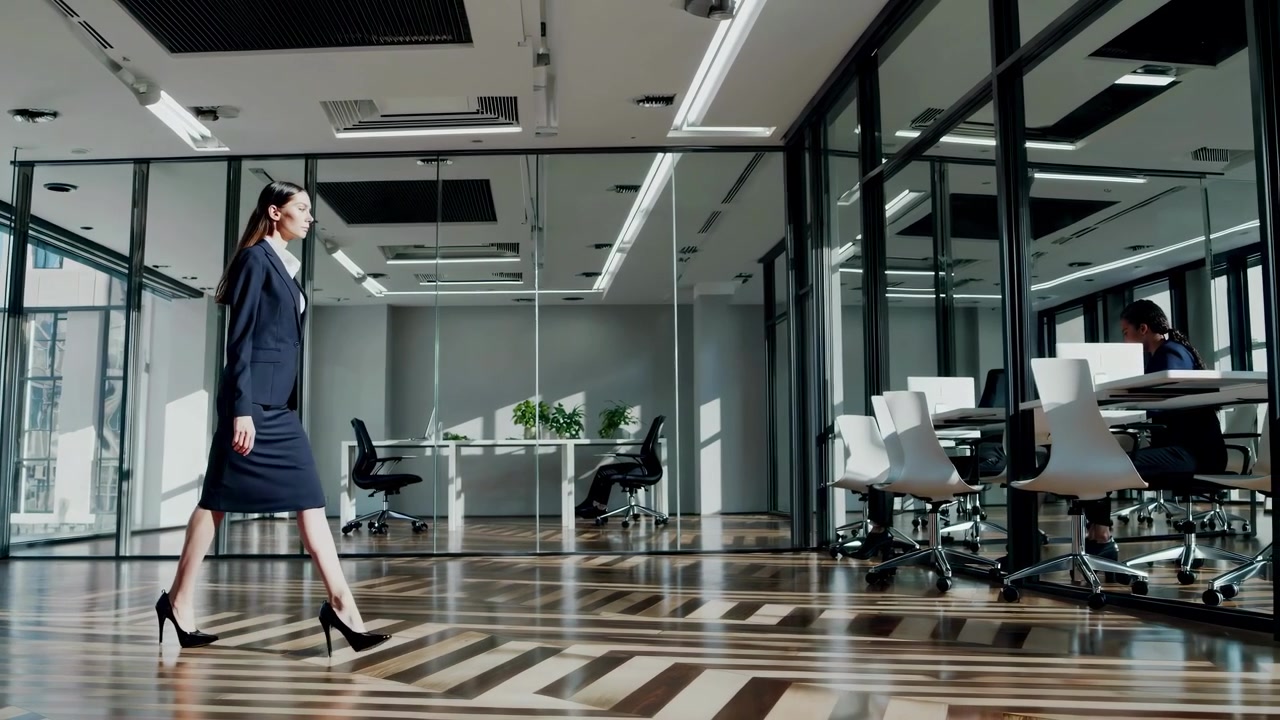 Donna d'affari che cammina attraverso un moderno corridoio d'ufficio
