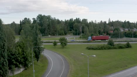 Still-aerial-shot-of-vehicles-driving-quickly-on-a-motorway-in-Finland-near-Helsinki