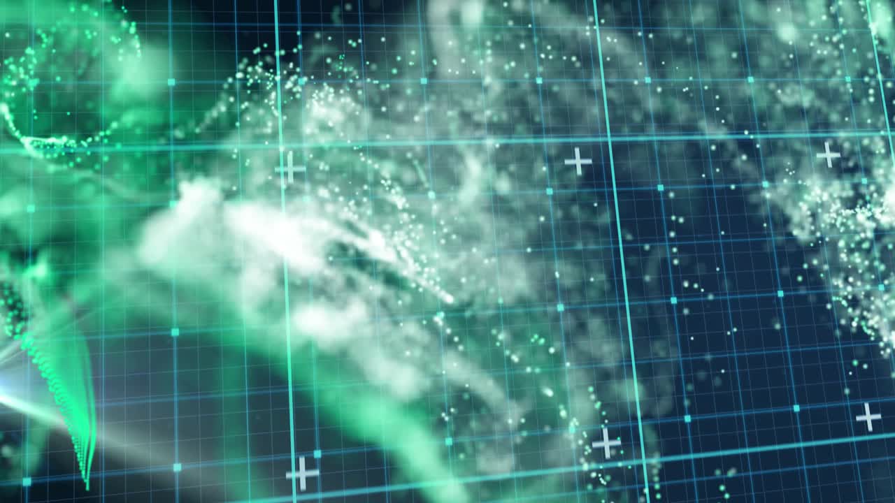 녹색과  ⁇ 색 입자가 움직이고 검은색 바탕에 파란색 그리드의 애니메이션