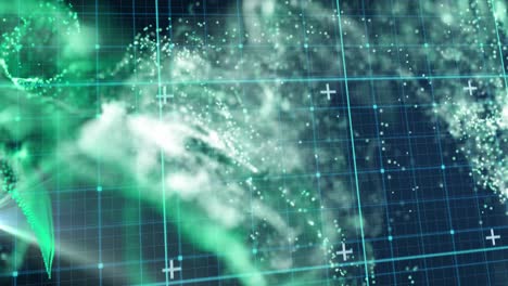 animación de partículas verdes y blancas en movimiento y cuadrícula azul sobre fondo negro