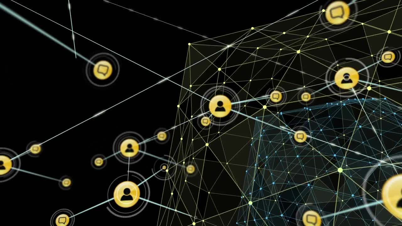 animación de la red de conexiones con iconos en fondo negro