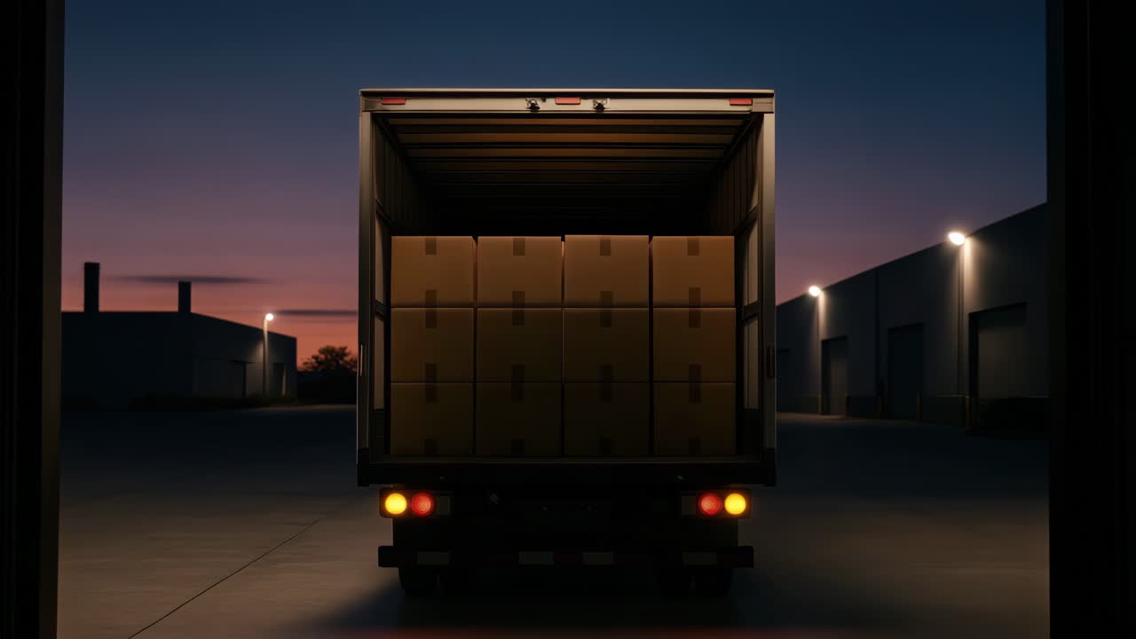 A video still showing a rear view of a truck loaded with boxes at dusk
