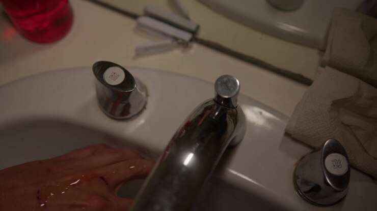 Close up shot of a man hands washing after turning the tap inside a bathroom.