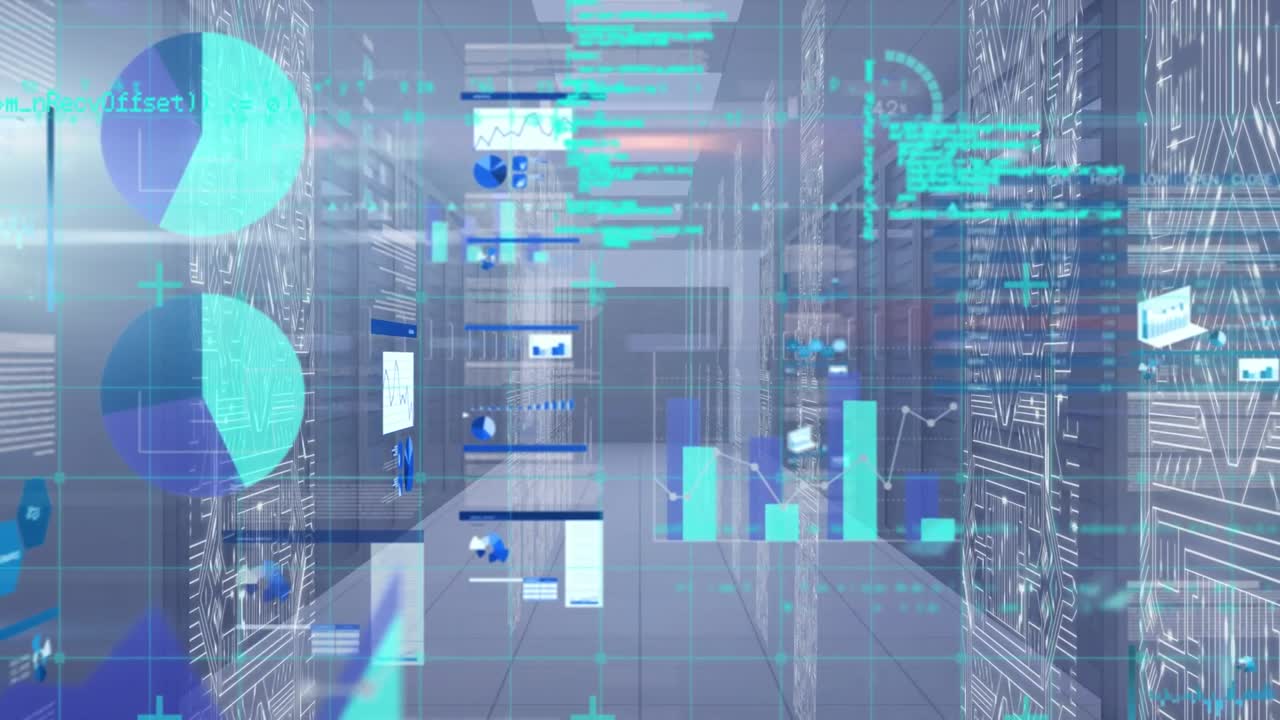 Graphical representation and computer programming with server room in background