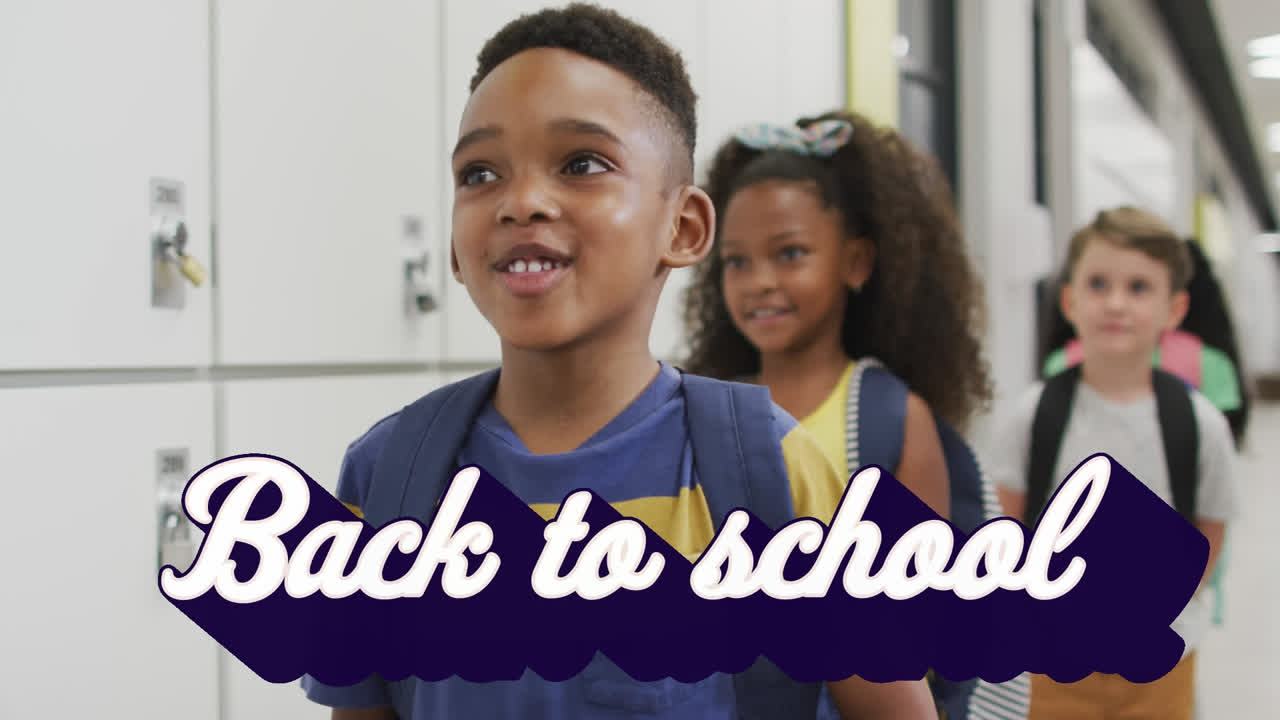 Animation of back to school text over happy diverse school kids at school