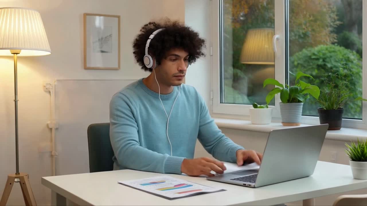Focused Young Man Working from Home with Laptop and Headphones