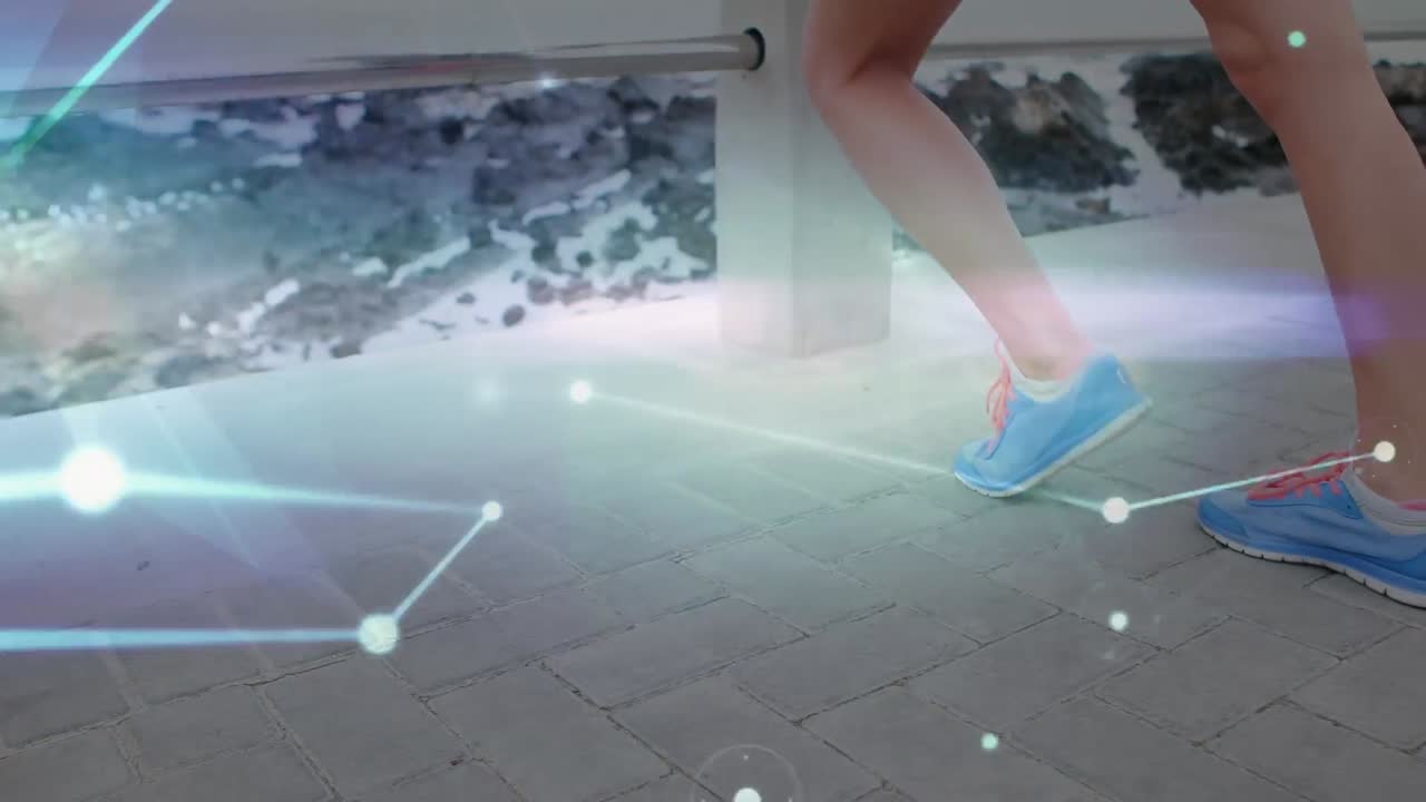 Animation of network lines connecting dots, caucasian woman doing stretch exercise on pier at beach