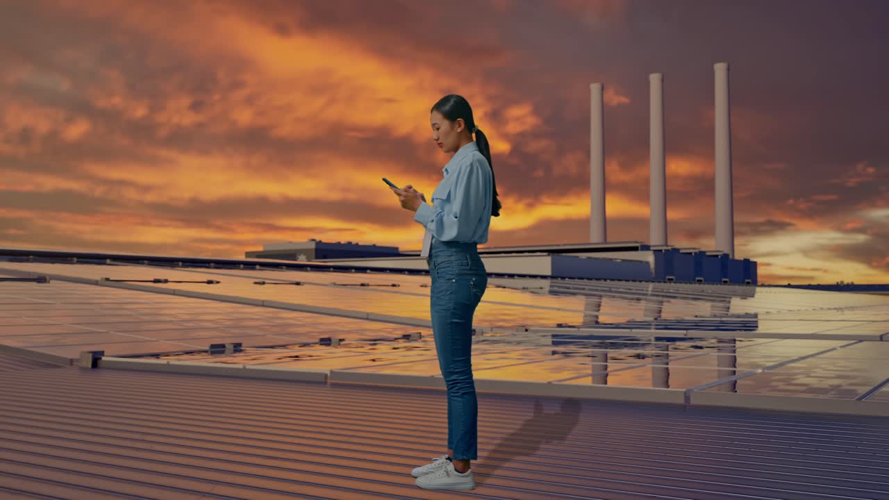 Vista lateral de cuerpo completo de una trabajadora asiática con su teléfono, inspeccionando paneles solares en la azotea al atardecer. Observa el entorno antes de concentrarse en su smartphone.