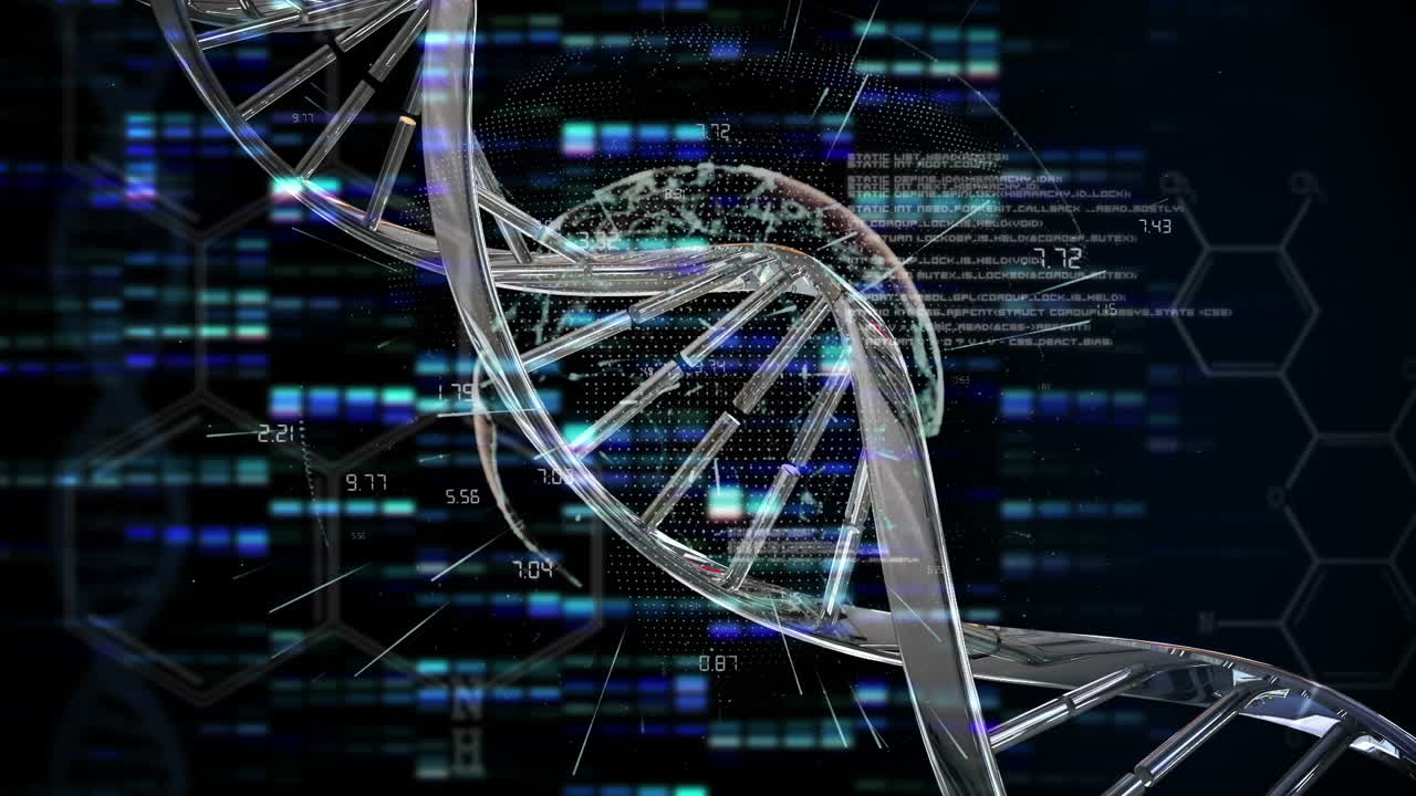Animation of dna structures and and globe spinning against blue mosaic squares on black background