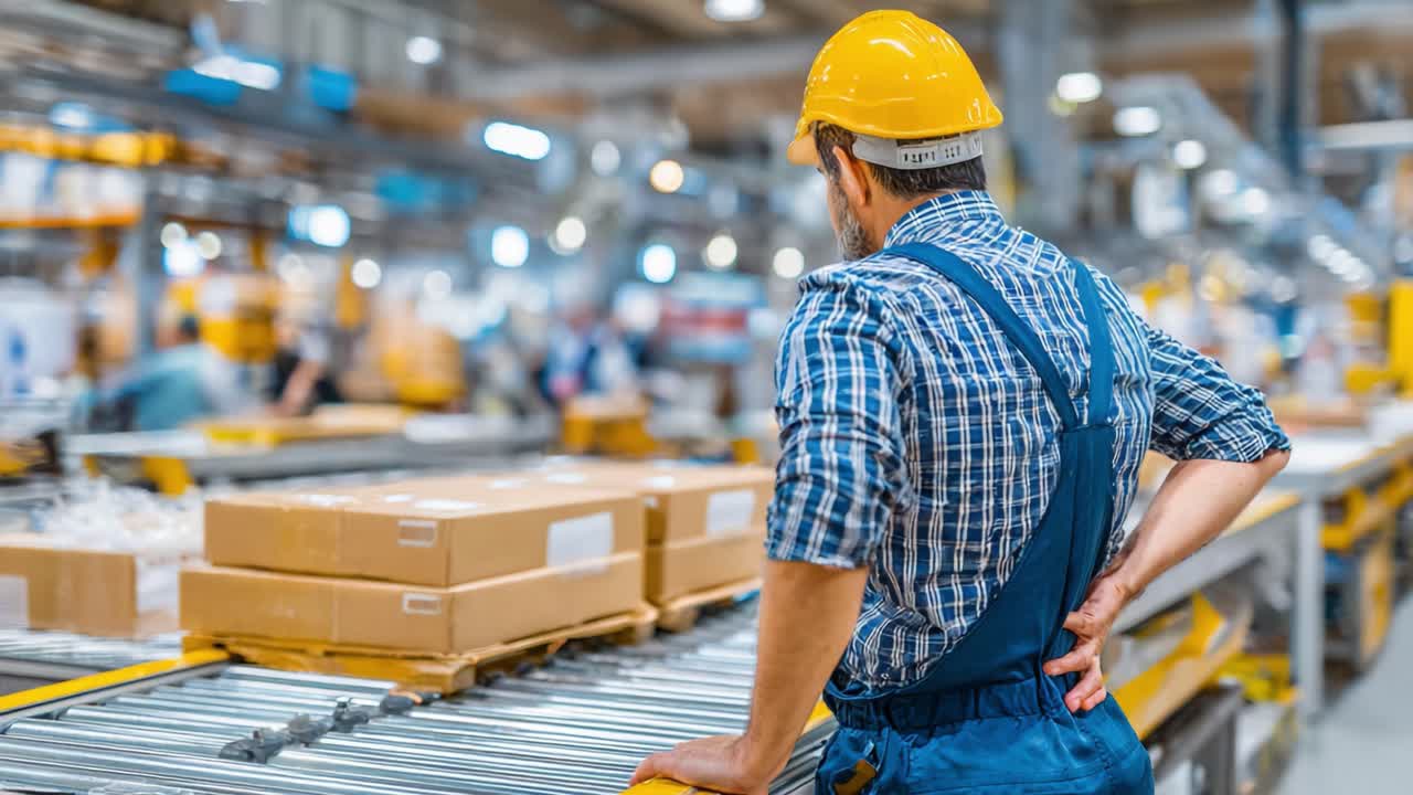 A Dedicated Worker Observes the Warehouse Operations While Standing by the Packing Line, Showcasing the Importance of Efficiency in Modern Logistics and Distribution Centers