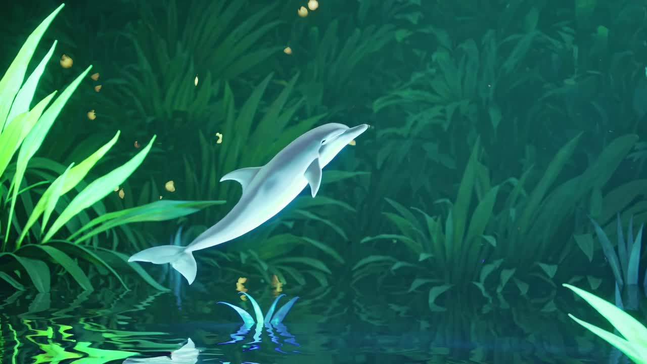 A vibrant, animated video scene of a dolphin leaping above glowing plants in a lush, mystical