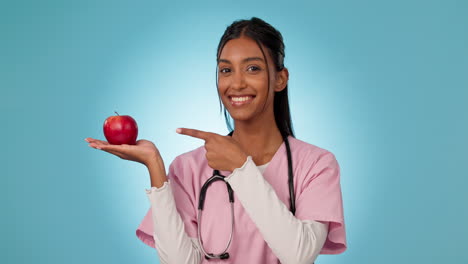 Woman,-nurse-and-nutrition-with-apple-in-hands