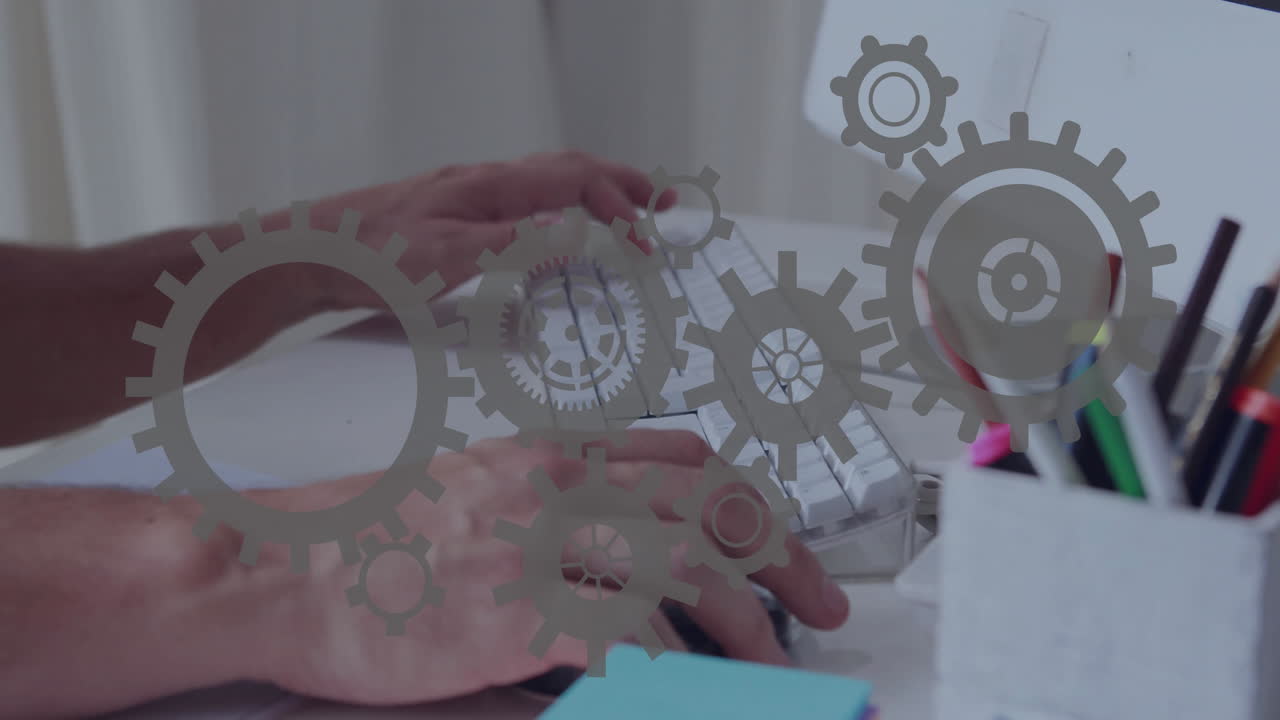 escribir en el teclado, manos sobre engranajes animación en el proyecto escolar