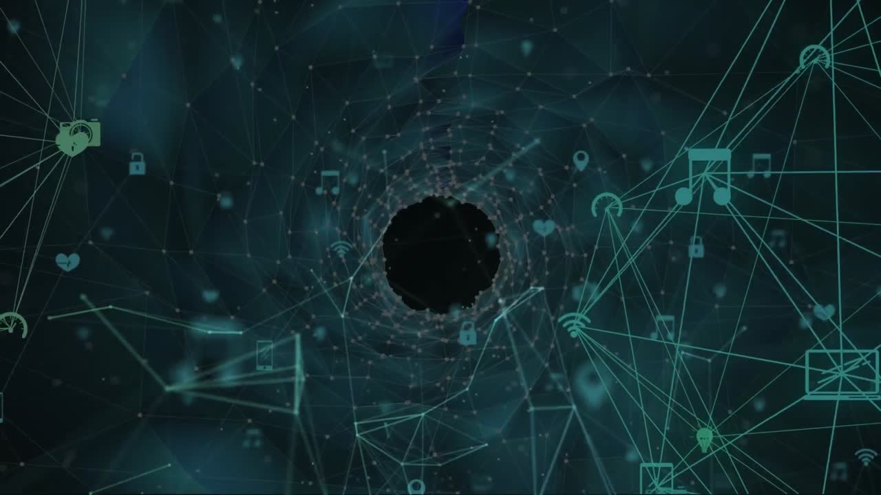 Animação de ícones conectados formando globos sobre um túnel de pontos conectados contra um fundo preto