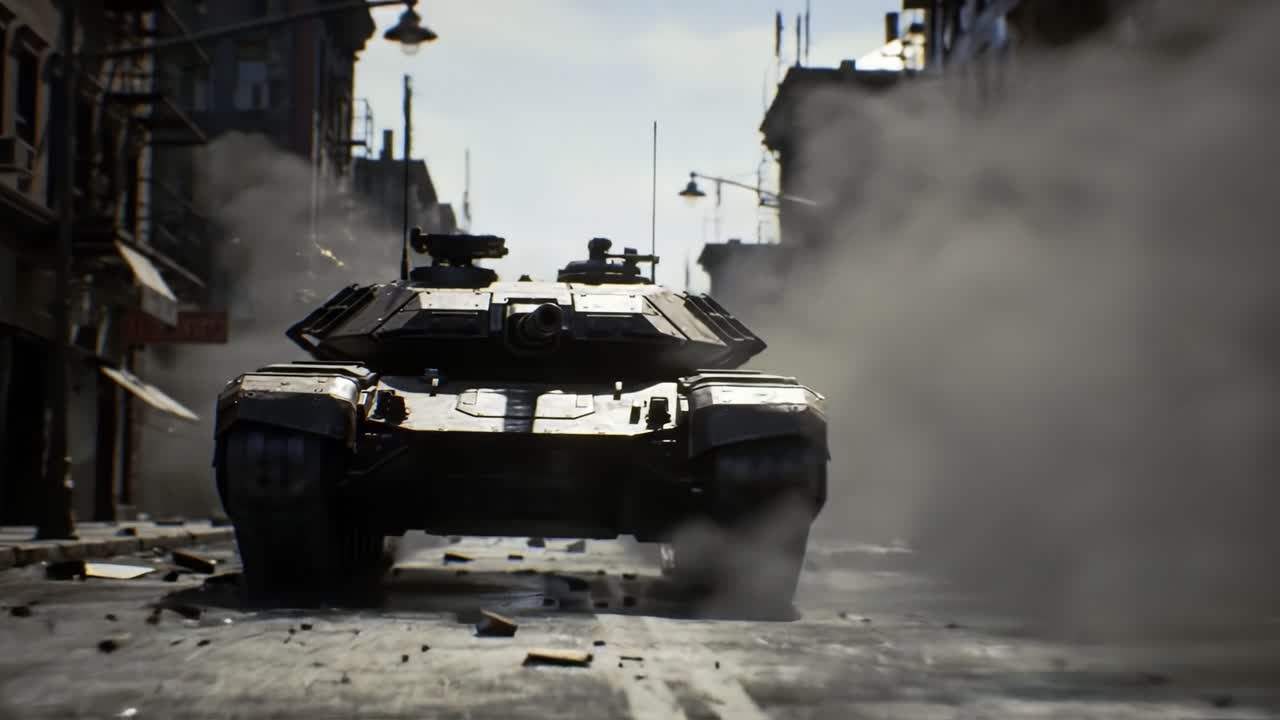 A powerful armored vehicle maneuvers through a desolate cityscape, shrouded in smoke and debris as it prepares for action in a dramatic, chaotic urban environment